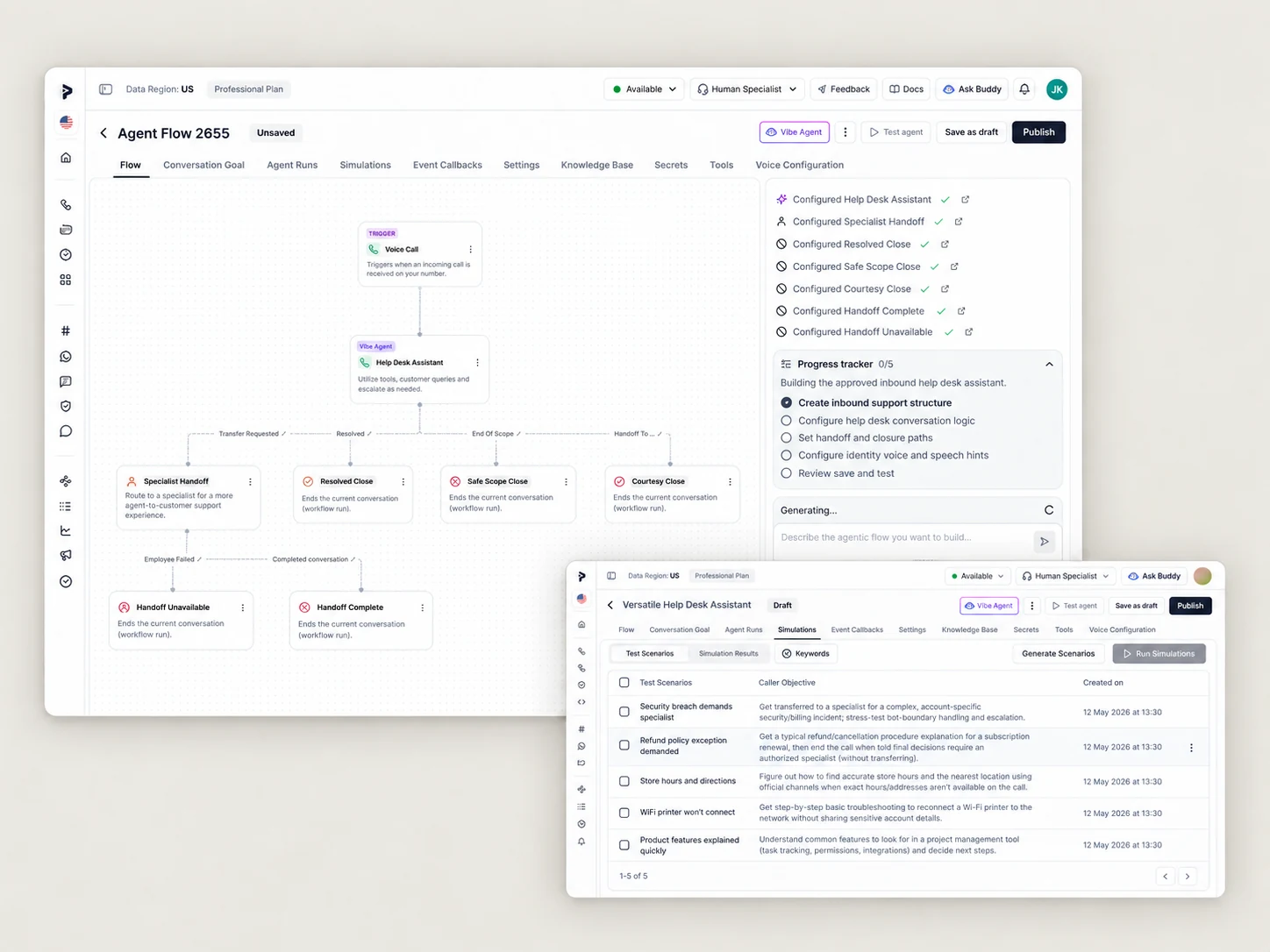 Vibe Agent generation flow and test scenario screen