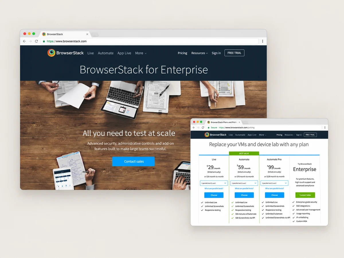 BrowserStack Enterprise launch and pricing screens