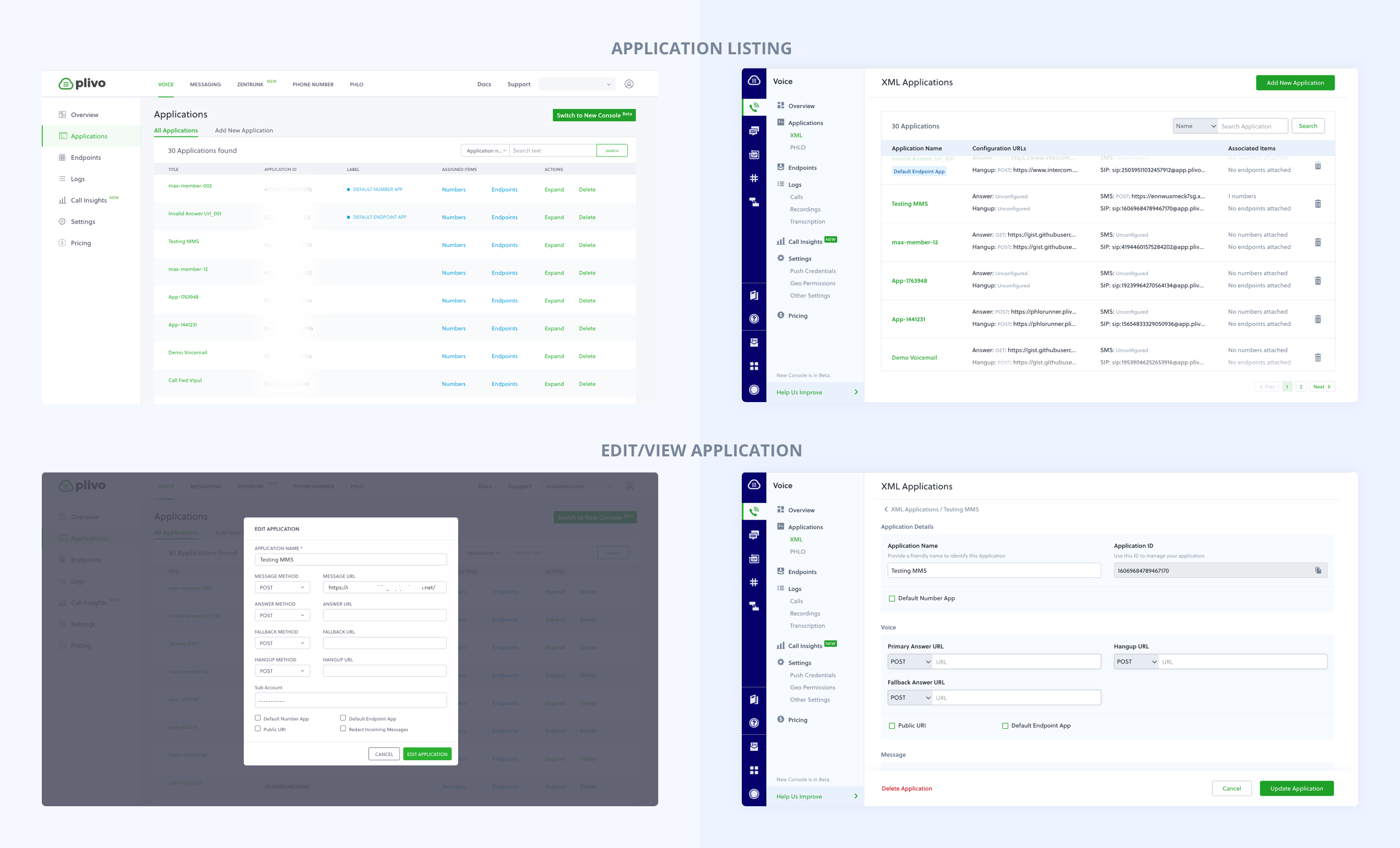 Before and after comparison of the console redesign, legacy interface vs new design system