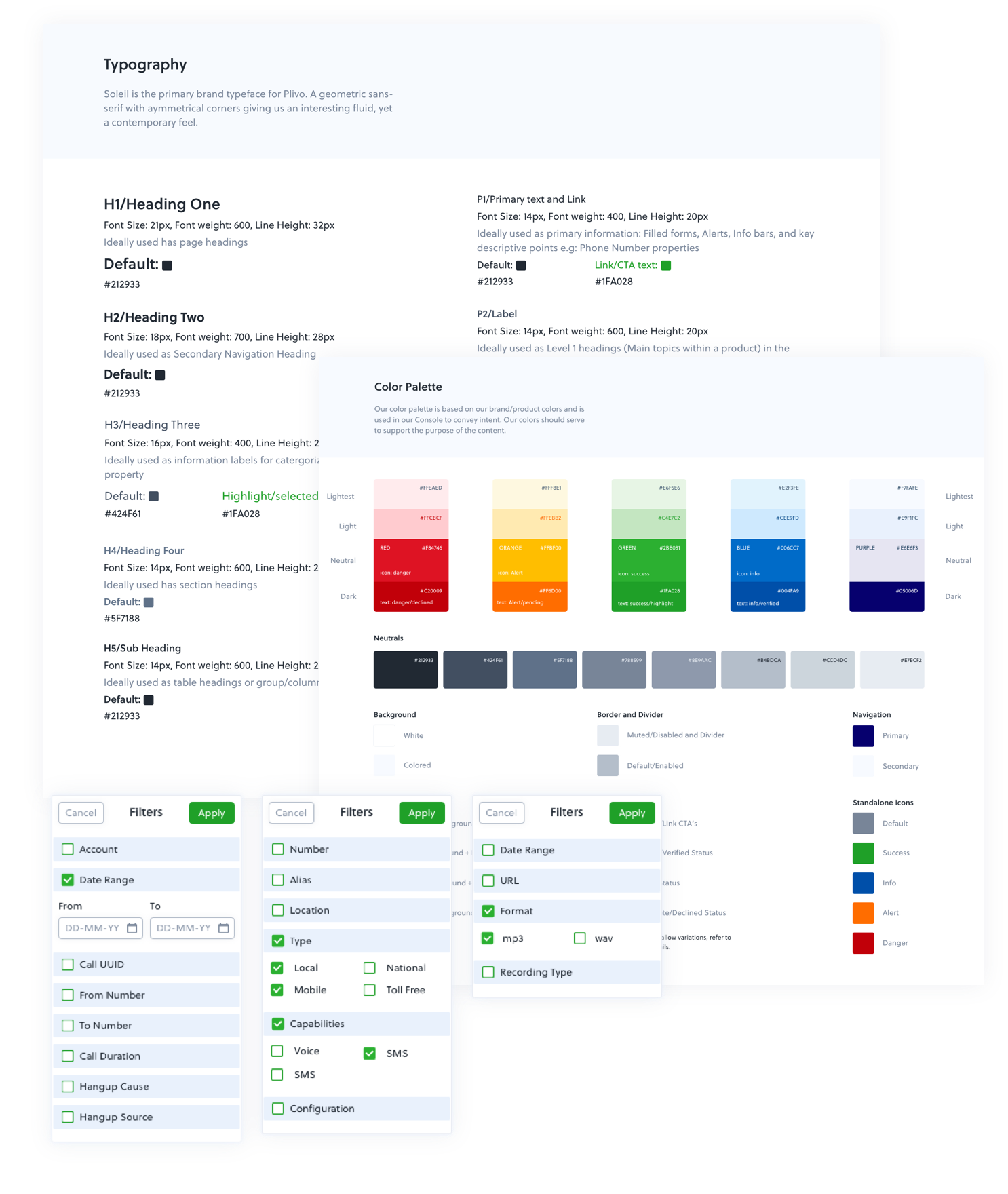 Design system component library: typography, color, spacing, forms, tables, navigation, and filter patterns