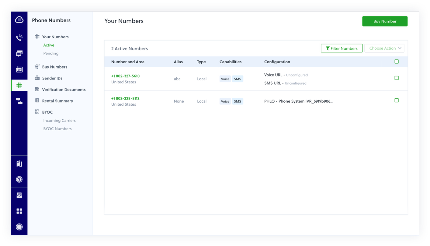 Centralized phone number management panel accessible from anywhere in the console