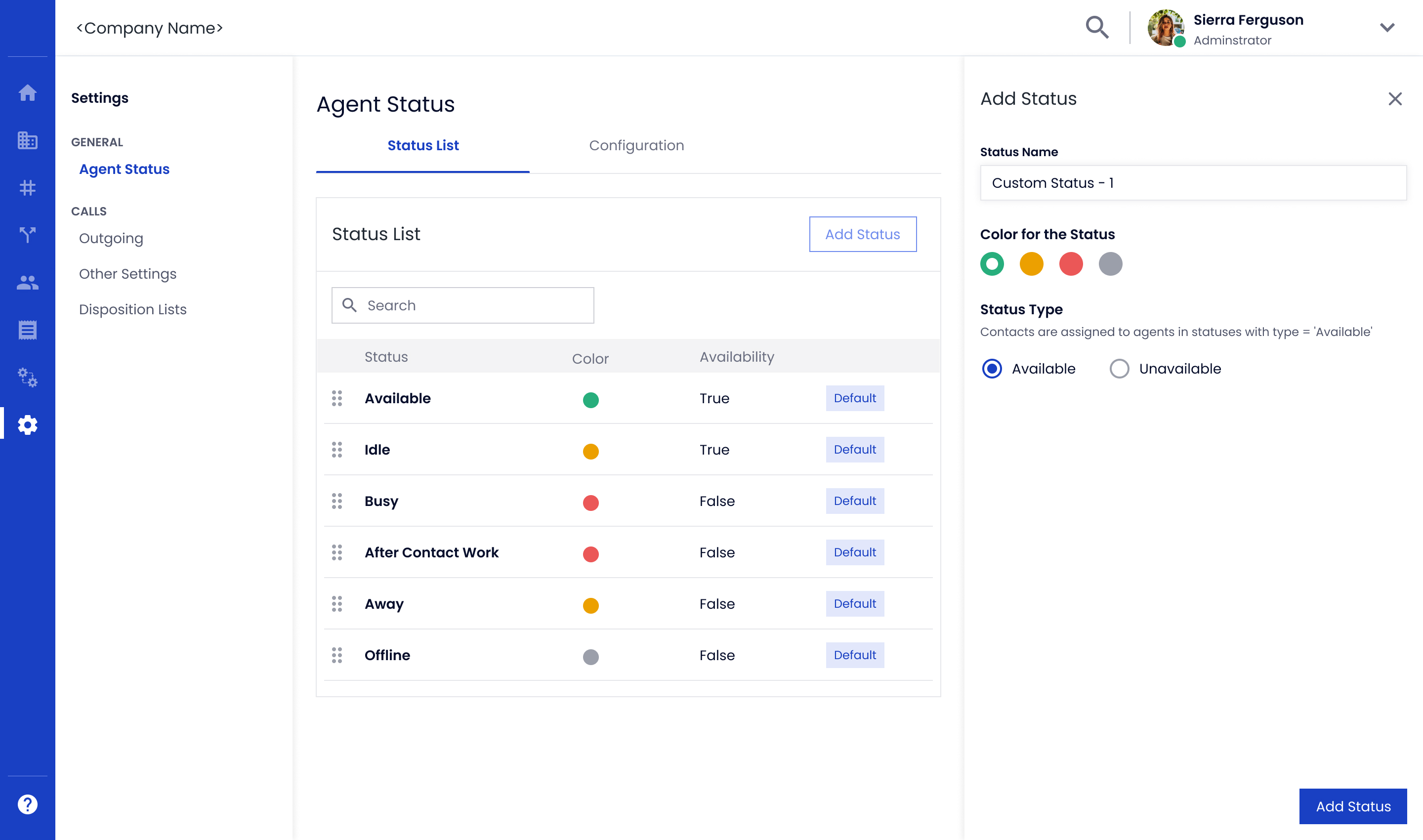 Agent workspace showing status management and conversation handling